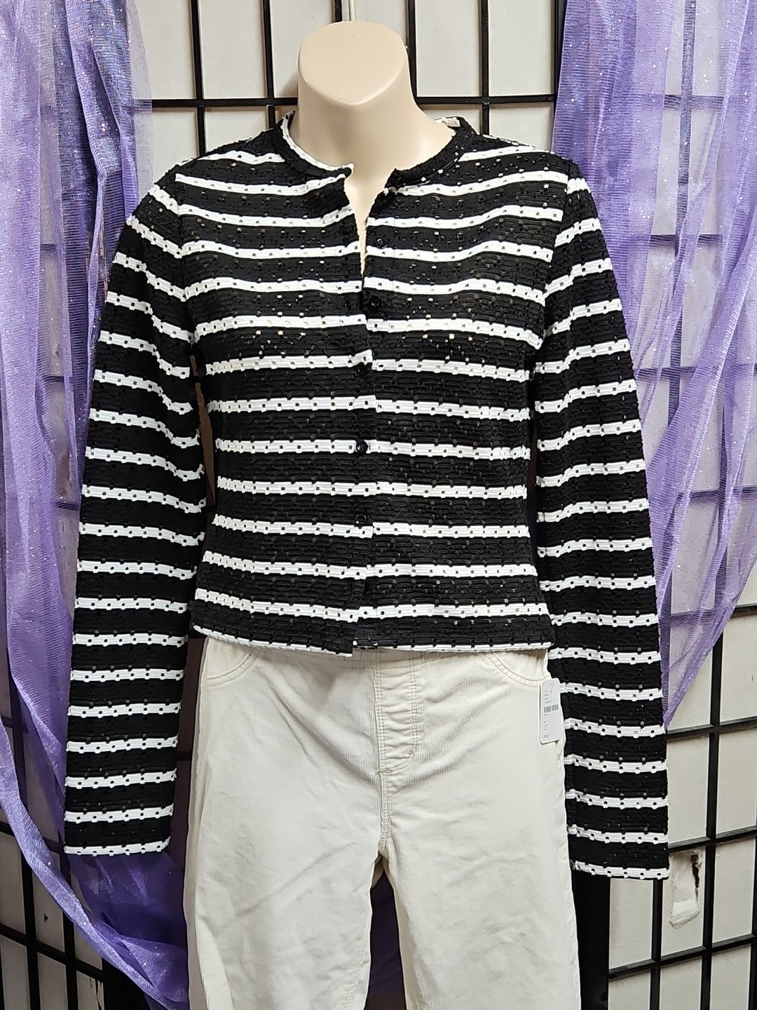 H&M Divided Button Front Black & White Striped Light Weight Cardigan, Size S