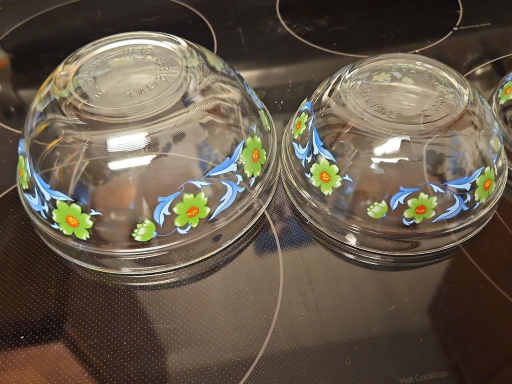 Set Of 4 Imperial Glass Green Sunflower Blue Leaves Nesting Bowls EUC