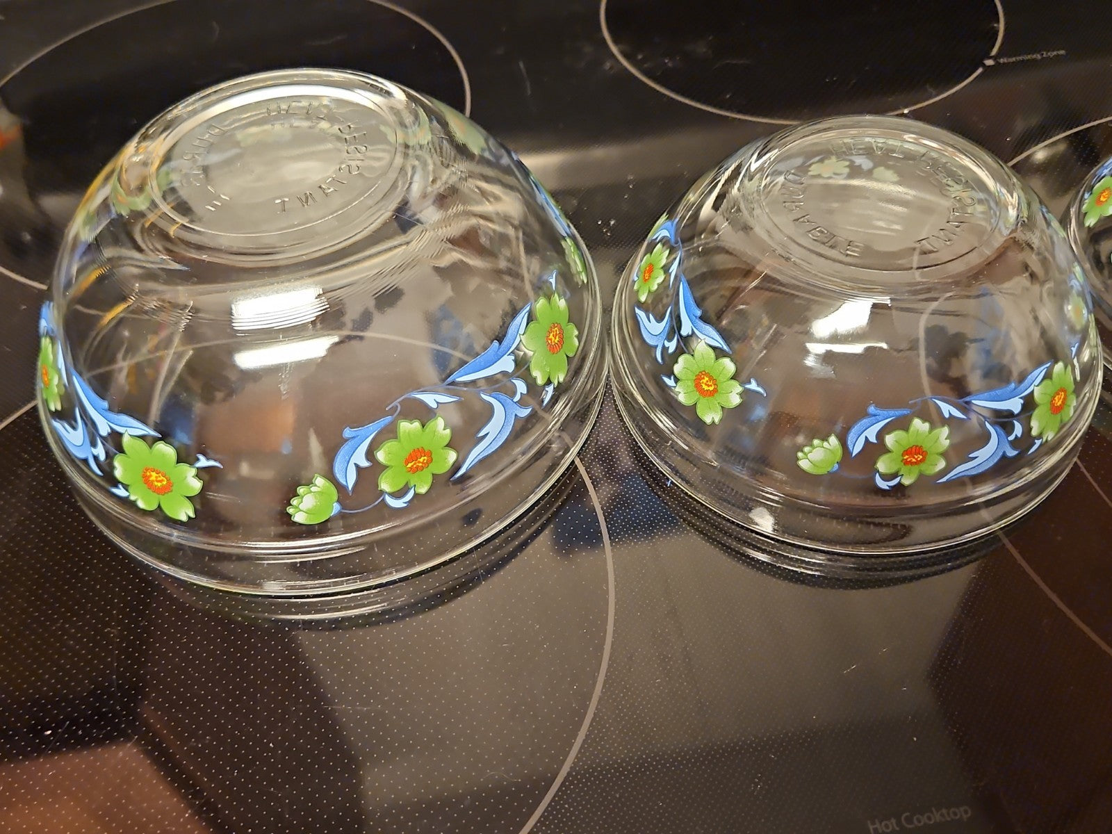 Set Of 4 Imperial Glass Green Sunflower Blue Leaves Nesting Bowls EUC