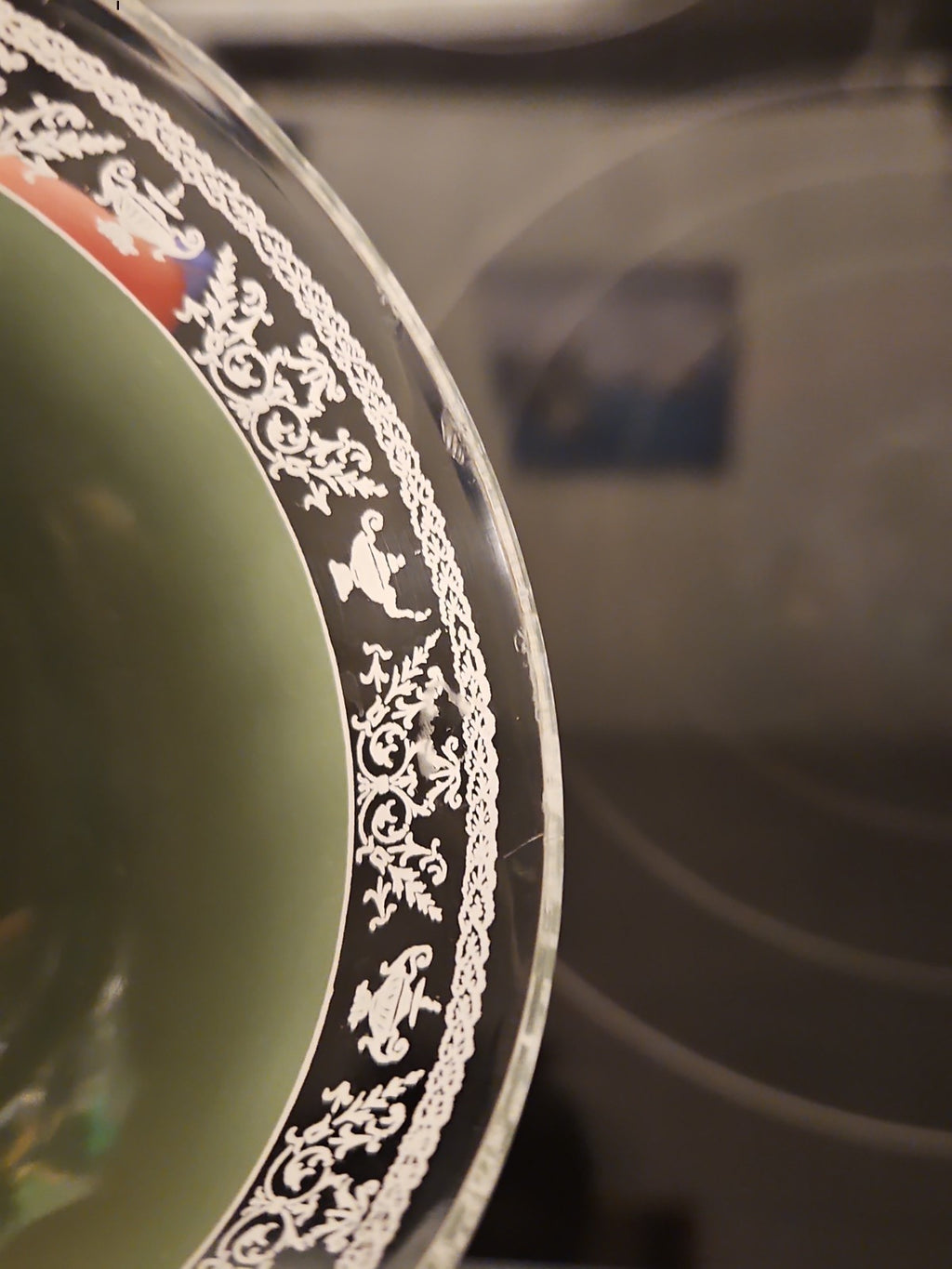 Vintage MCM Jeannette Glass Hellenic Green Grecian Serving Bowl With 5 Tumblers