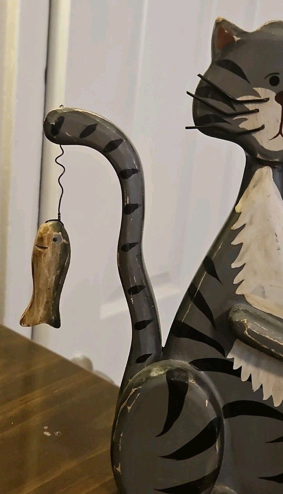 Rusic Folk Art Gray & White Fishing Cat Wood Decor