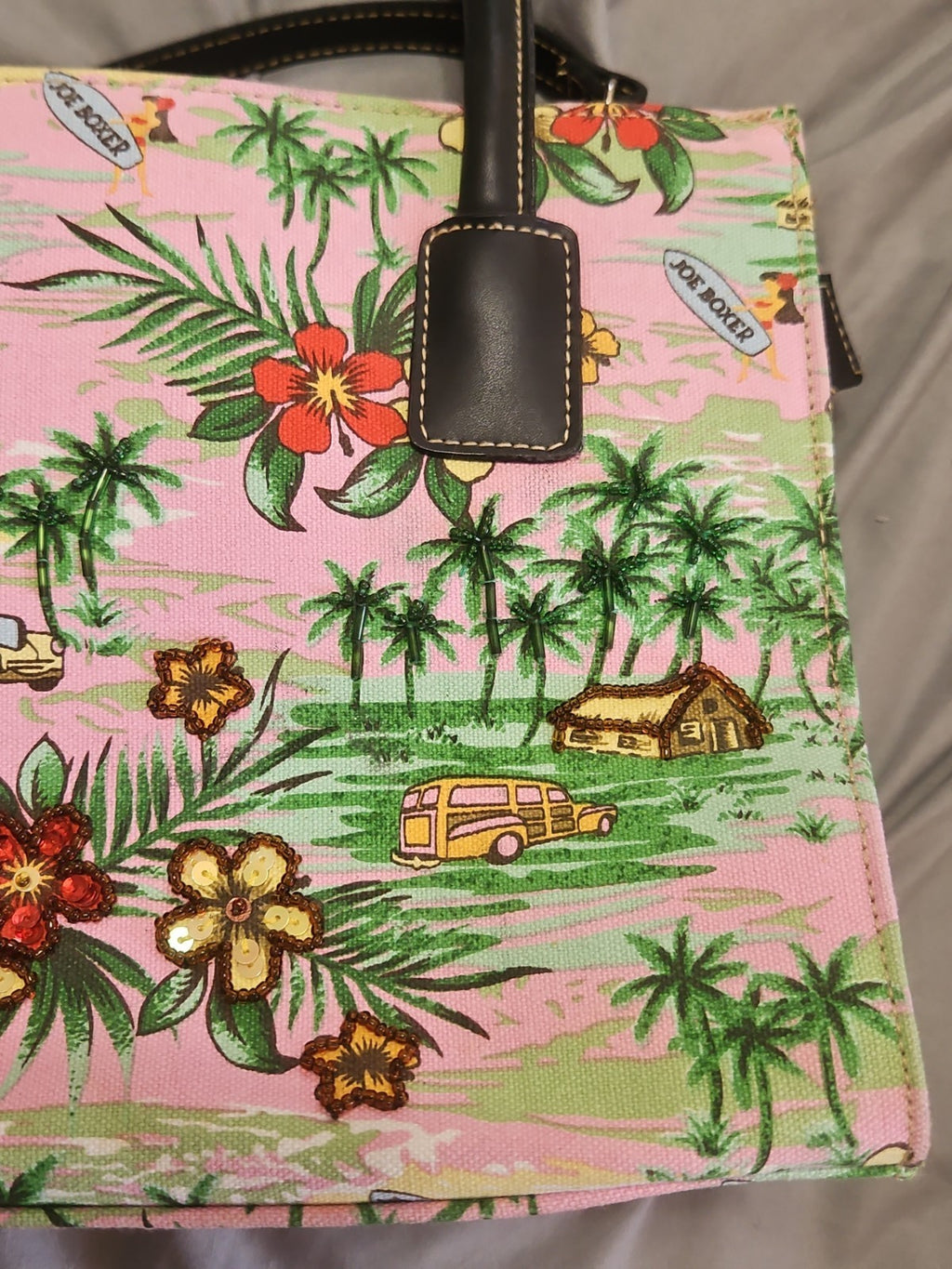 Vintage Y2K Joe Boxer Hawaiian Beaded Canvas Handbag Purse Pink Tropical Print