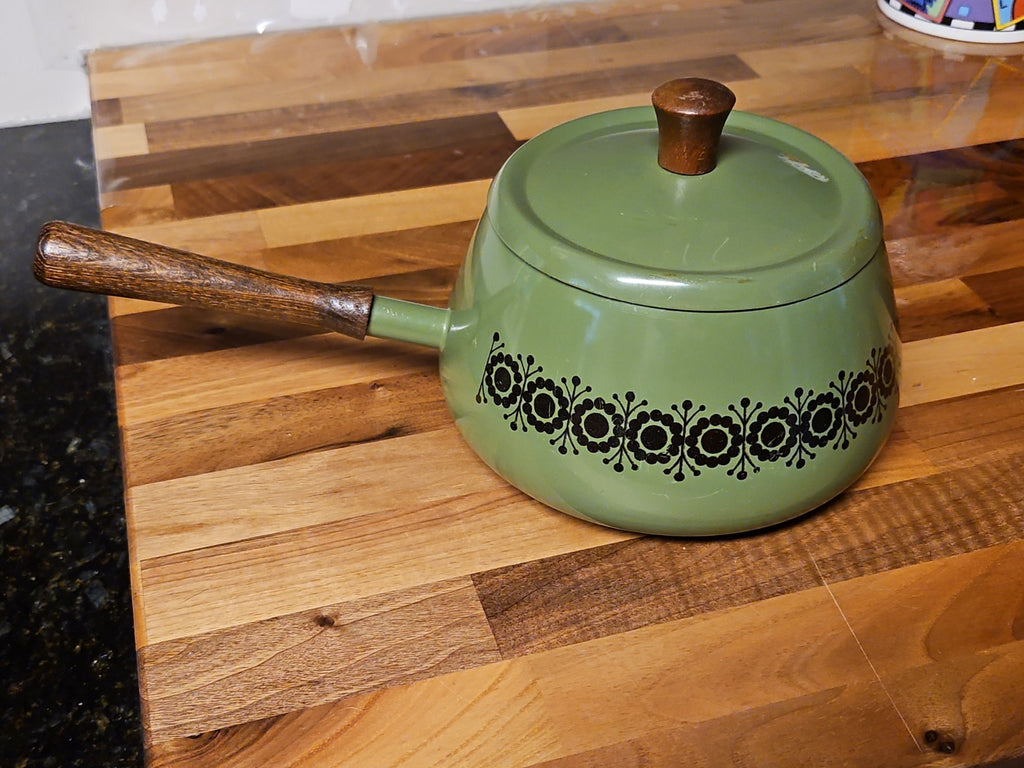 Vintage Green Enamel Fondue Pot Saucepan Floral MCM Boho Wood Handle 1970s