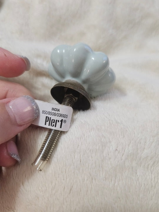 NWT Pier 1 Mint Green Porcelain Flower Brass Accent Drawer Pull Cabinet Knob 2"