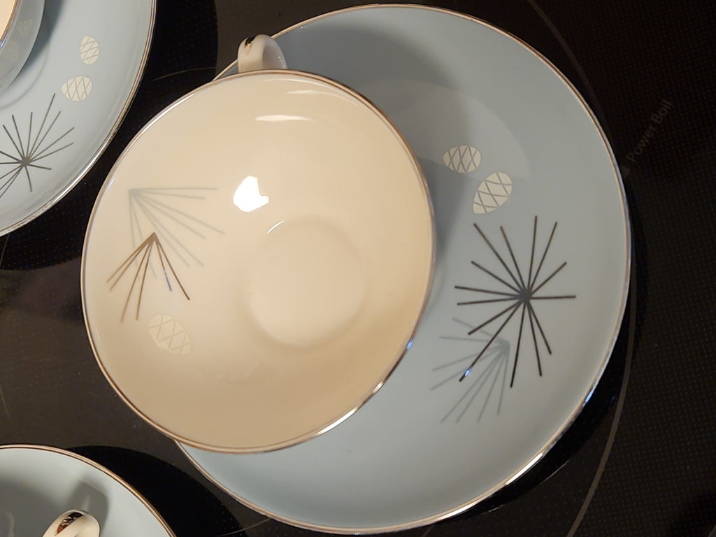Set Of 4 Vintage MCM Franciscan Silver Pine Tea Cup & Saucer Sets Very Nice