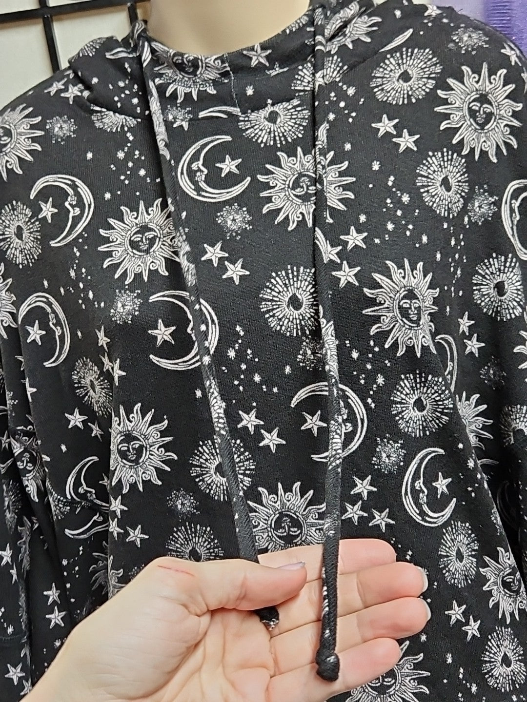 Midnight Bakery Women's Celestial Sun Moon & Stars Hacci Hoodie Size Small Black
