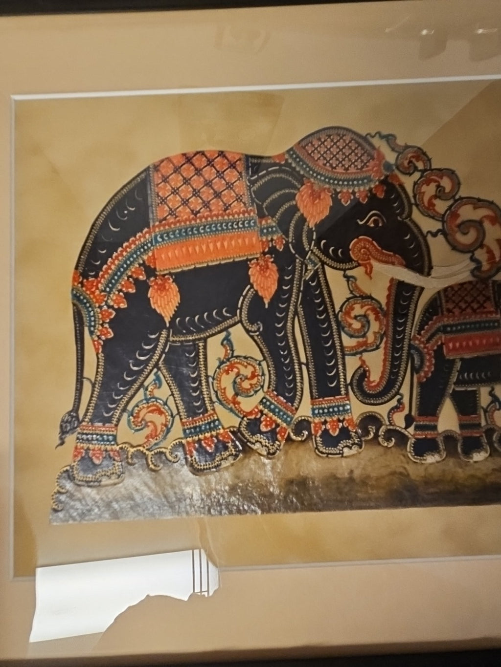 Framed Hand Carved Thai Elephant Hammered Painted Leather Nang Taloong 19.5"x16"