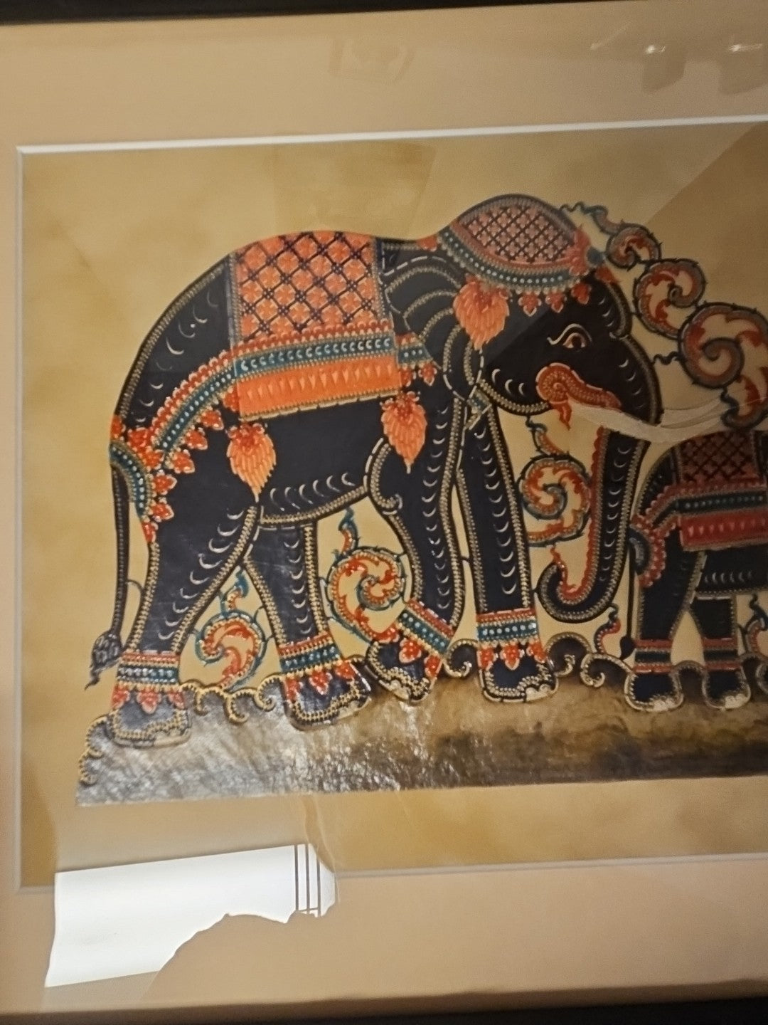 Framed Hand Carved Thai Elephant Hammered Painted Leather Nang Taloong 19.5"x16"