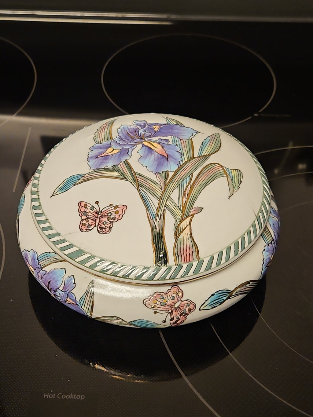 Vintage Andrea by Sadek 7" Round Trinket Box Iris & Butterflies W Gold Detail