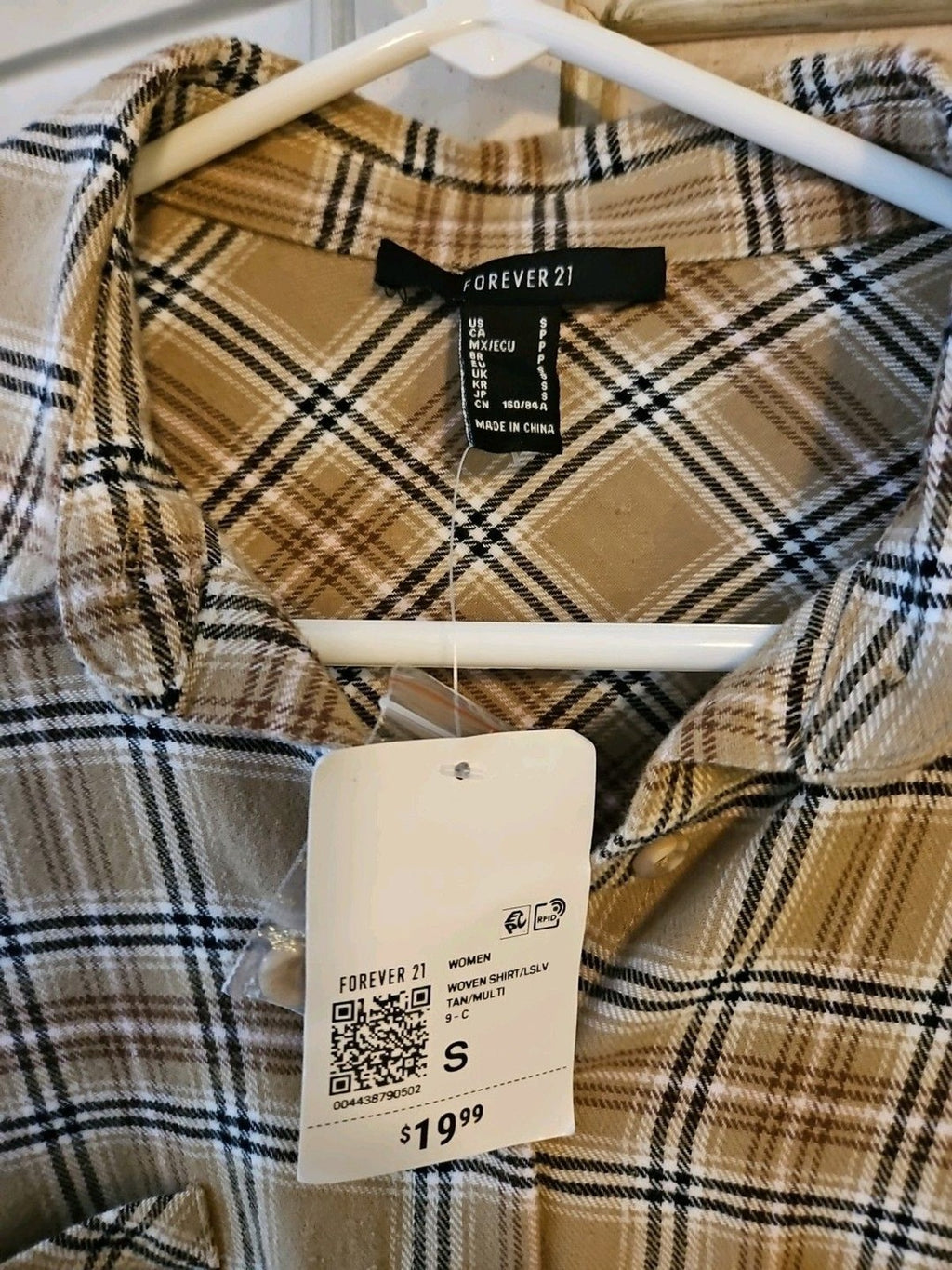 Forever 21 Plaid Taupe & Brown Button Down Shirt Sz S NWT
