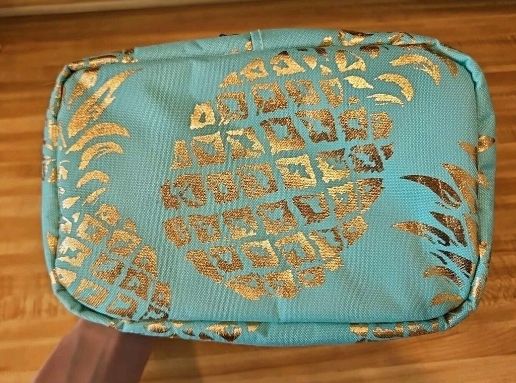 Cosmetic Case Canvas NGIL Teal with gold Pineapples, Navy Accents, Never Used