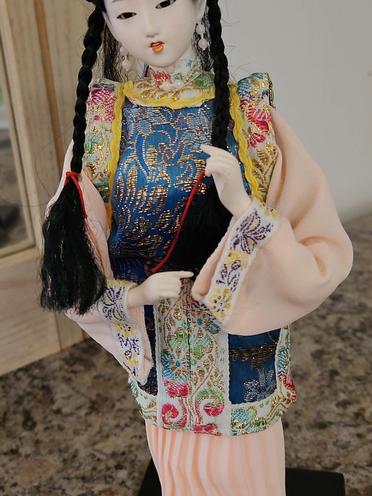 Vintage Chinese Heritage Doll Collector's Doll 10" Peach Embroidered Dress