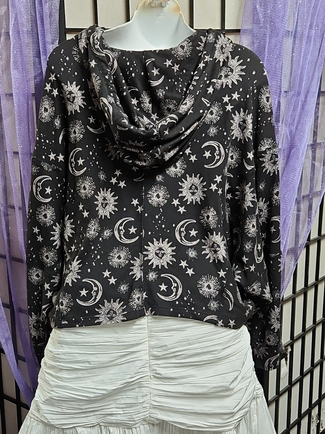 Midnight Bakery Women's Celestial Sun Moon & Stars Hacci Hoodie Size Small Black