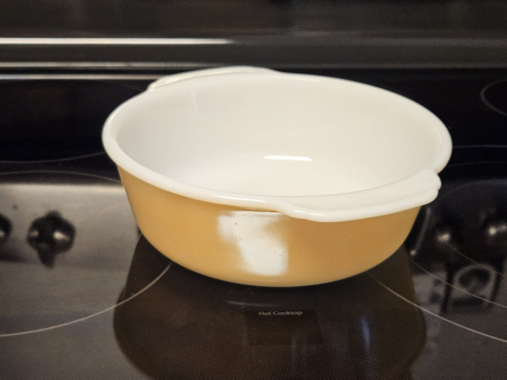 Vintage Fire King Peach Lustre Swirl 2 QT Round Casserole Dish Backward Stamp!