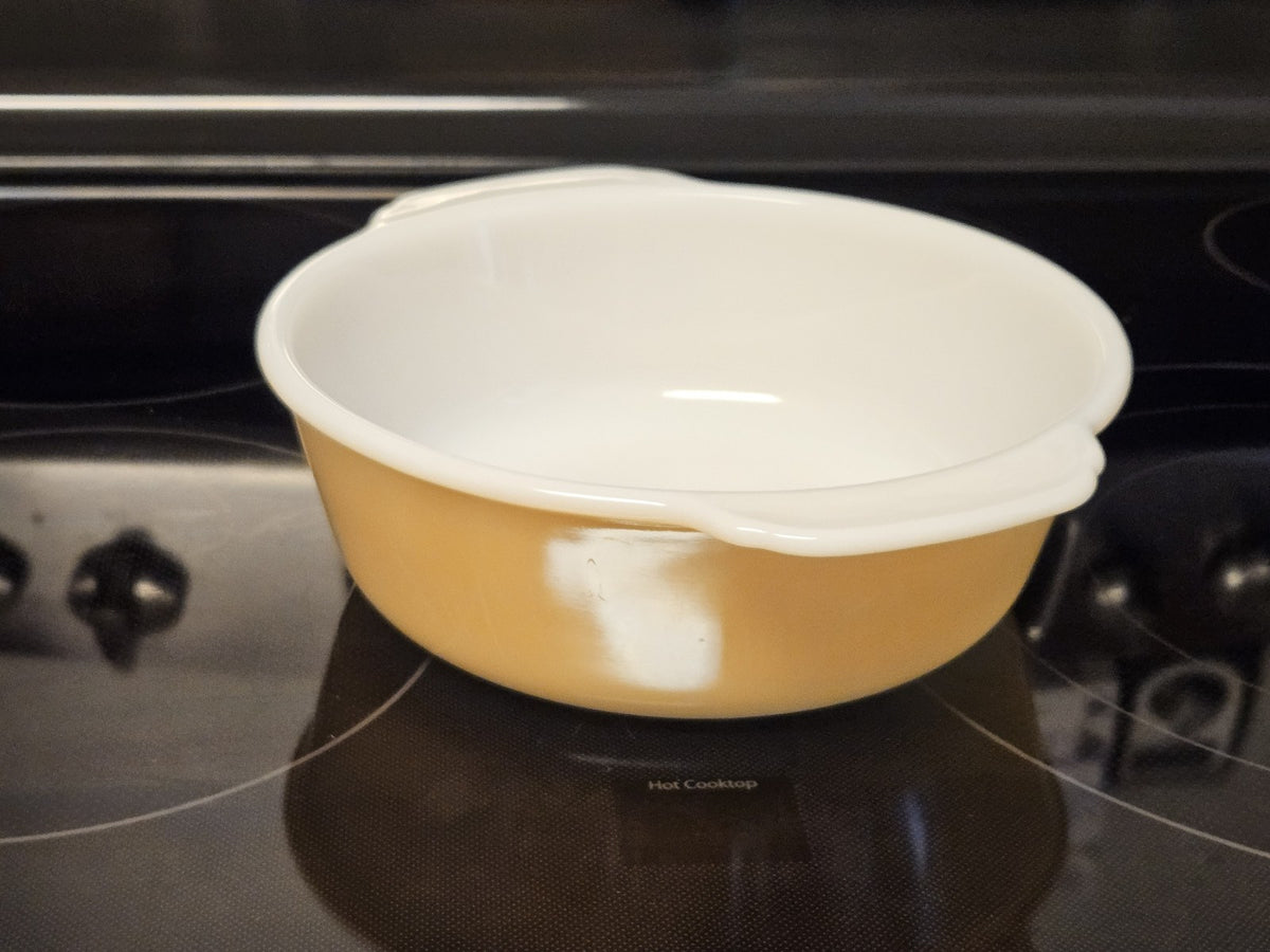 Vintage Fire King Peach Lustre Swirl 2 QT Round Casserole Dish Backward Stamp!