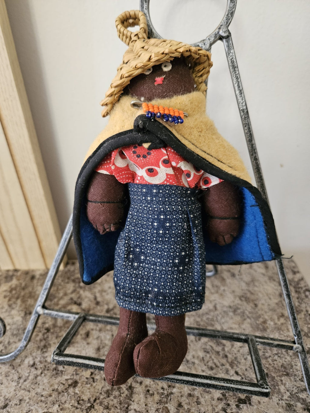 Vintage South African Lesotho Basotho Doll 9" Handcrafted Fabric EUC