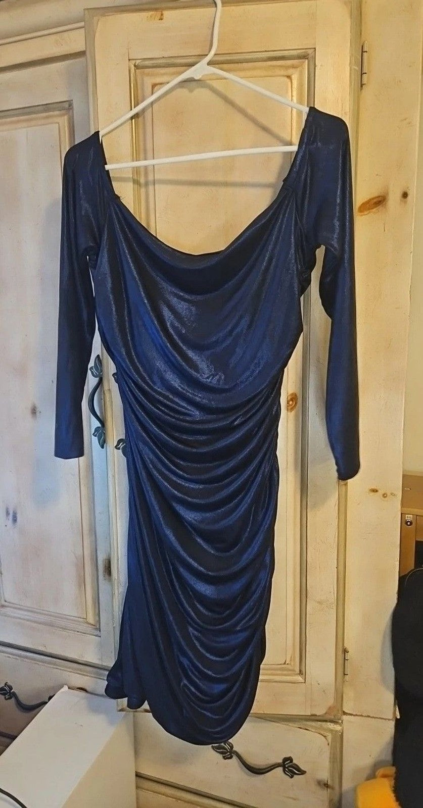 Express Women's Metallic Blue Dress Sz L Criss Cross Neckline Rouched Skirt