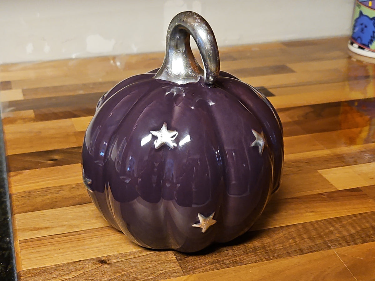 Purple & Silver Celestial Ceramic Pumpkin Goth Halloween Fall Decor 6.5" EUC