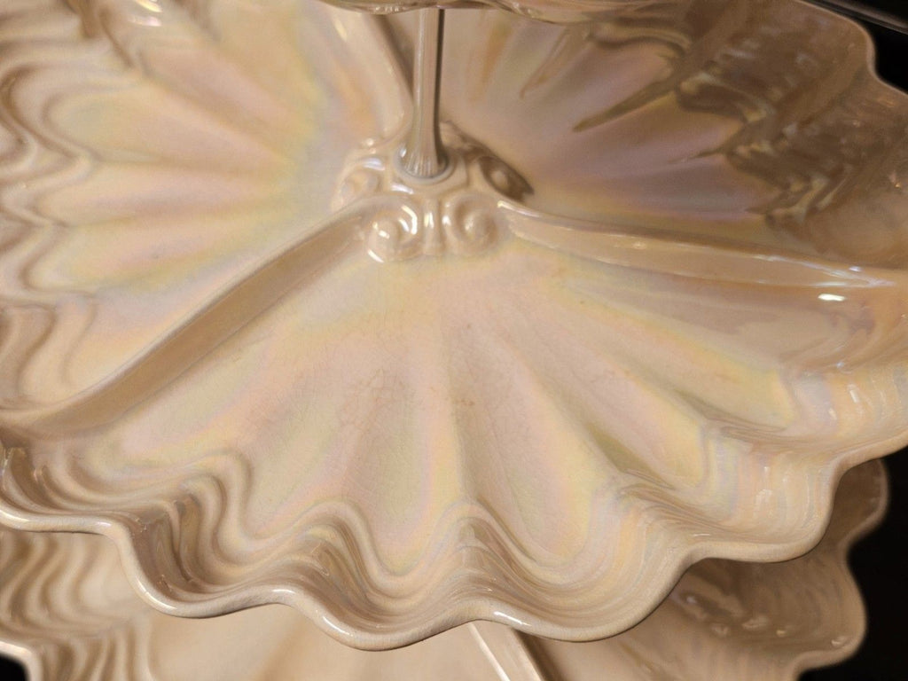 Vintage Maddux Of California Opalescent Cream & Silver 3 Tier Serving Tray READ