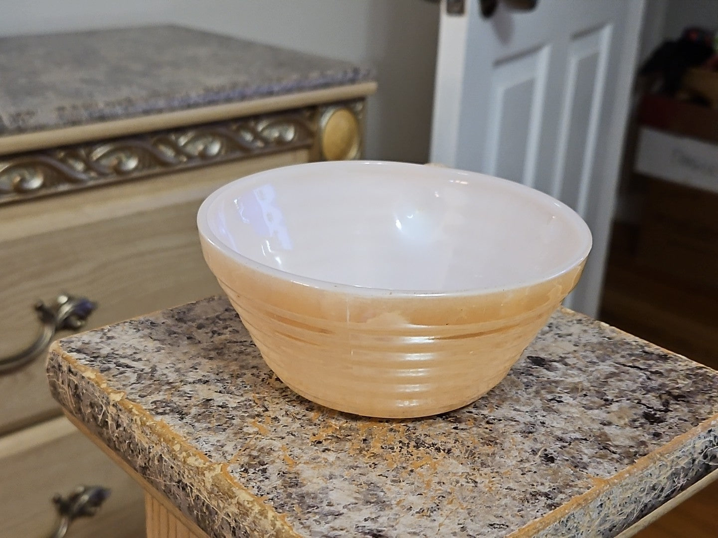 Vintage Anchor Hocking Fire King Peach Lusterware Handled Soup Bowl