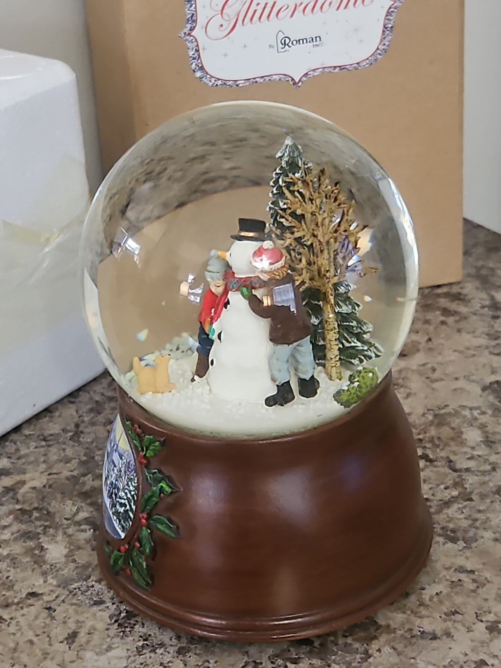 Musical Roman Snow Globe Snowman Scene  Plays We Wish You a Merry Christmas