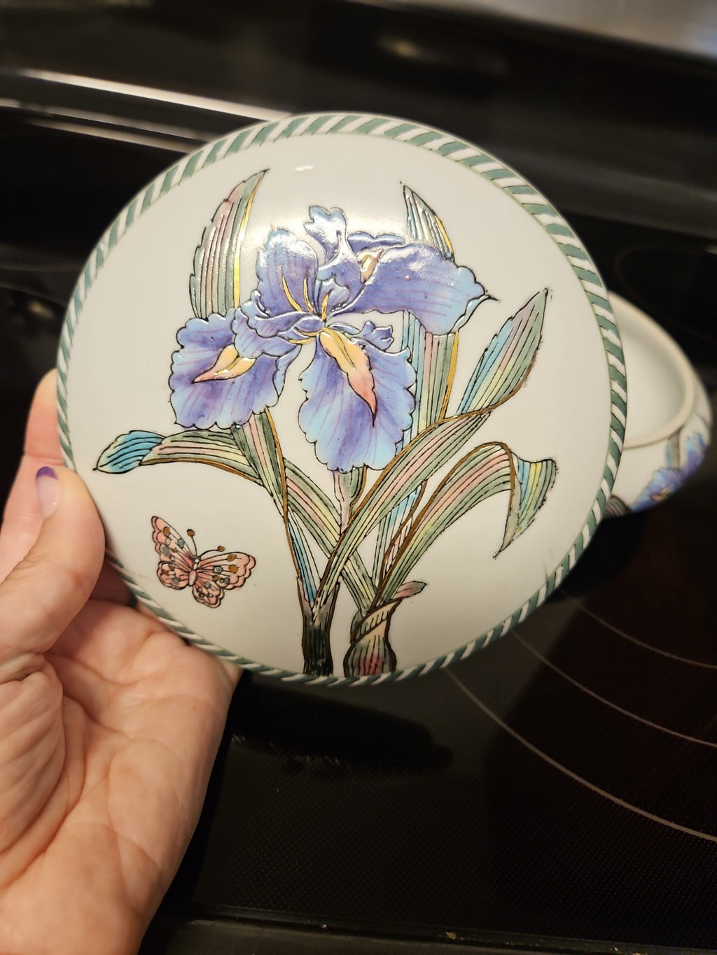 Vintage Andrea by Sadek 7" Round Trinket Box Iris & Butterflies W Gold Detail