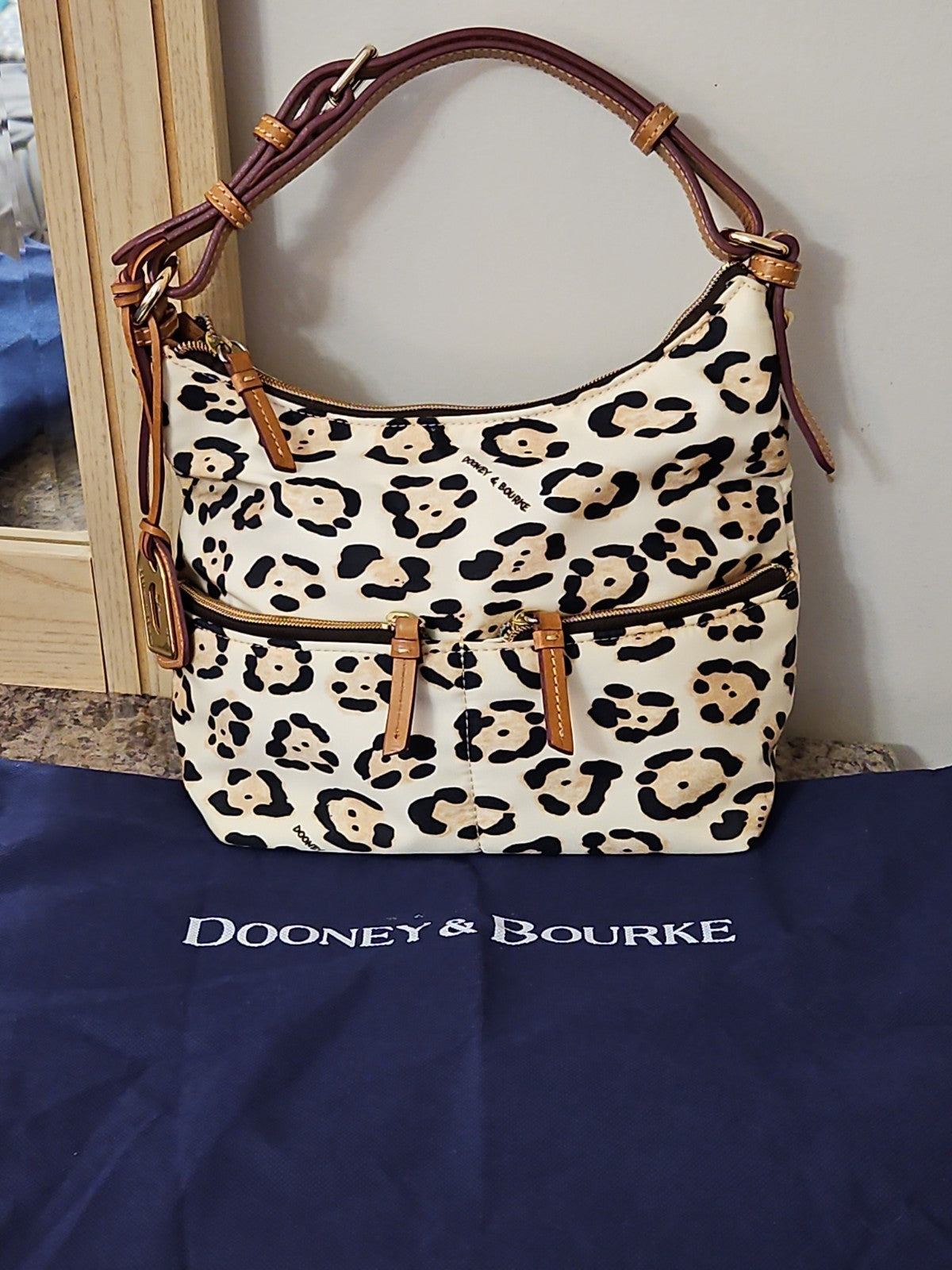EUC Dooney & Bourke Leopard Print Canvas Shoulder Bag Handbag With Dust Bag