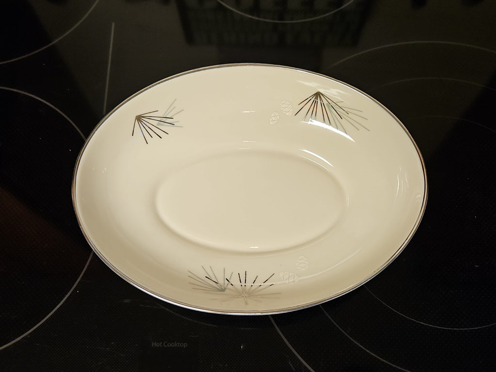 Vintage MCM Franciscan Silver Pine Atomic Pine Cones Oval Serving Bowl 8.75" EUC