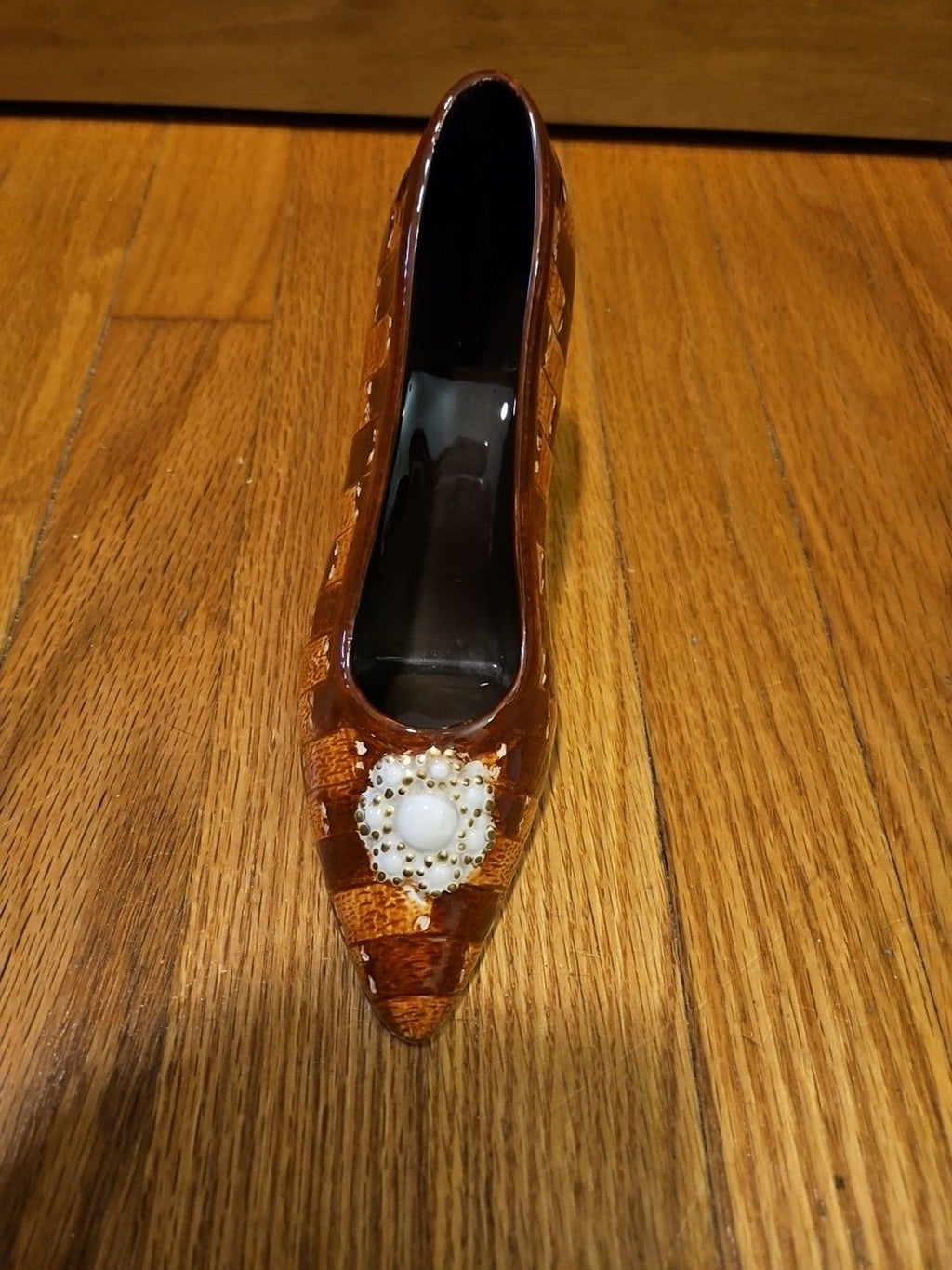 Vintage Two Tone Brown Porcelain Patchwork Women's High Heel Shoe Jewelry Holder