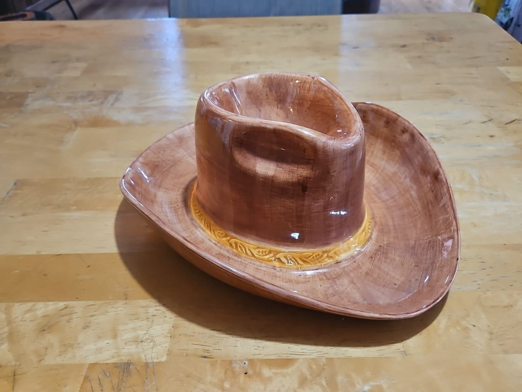 Vintage 1993 Boston Warehouse Trading Cowboy Hat Ceramic Chip & Dip Tray Mint
