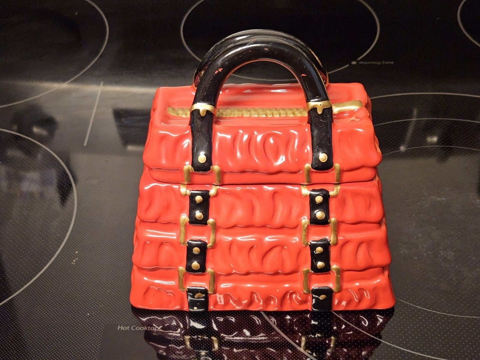 David's Cookies Ceramic Red Pleated Purse Cookie Jar Candy Dish Collectible