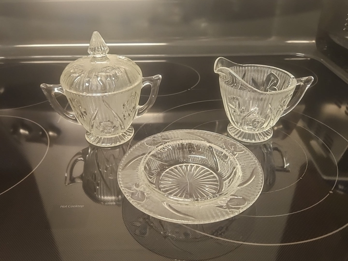 Vintage Jeanette Iris Herringbone Creamer, Sugar Bowl with Lid & Candy Dish