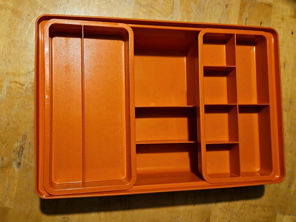 Vintage Tupperware Tuppercraft Orange #1421 Craft Storage Box W/ Lid & 2 Inserts