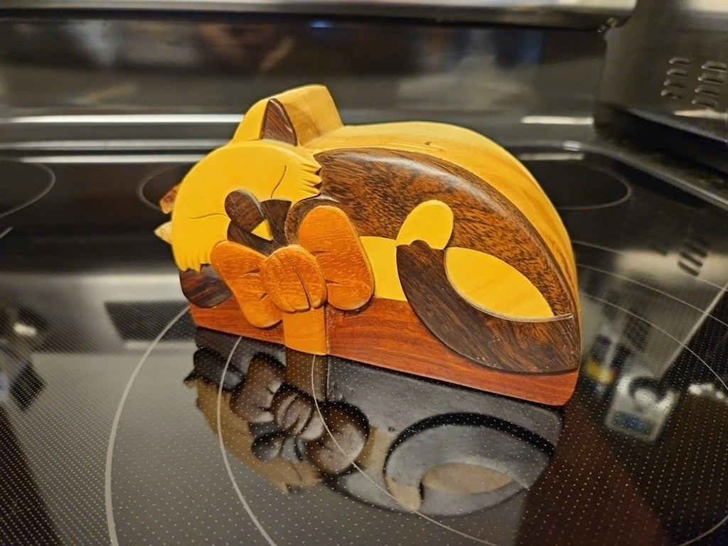 Carver Dan Wooden Sleeping Cat Puzzle Box Trinket Jewelry Box Hidden Compartment