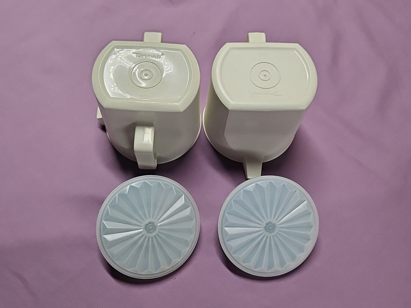 Vintage Tupperware Sugar & Creamer Set Push Tops 1414 & 1415 White W/ Blue Lids