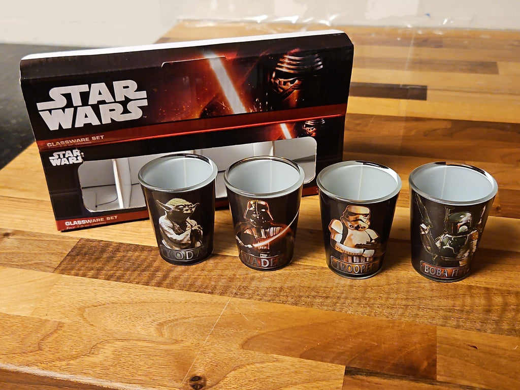 Star Wars Shot Glass Set Of 4 Darth Vader, Storm Trooper, BoBa Fett, Yoda In Box