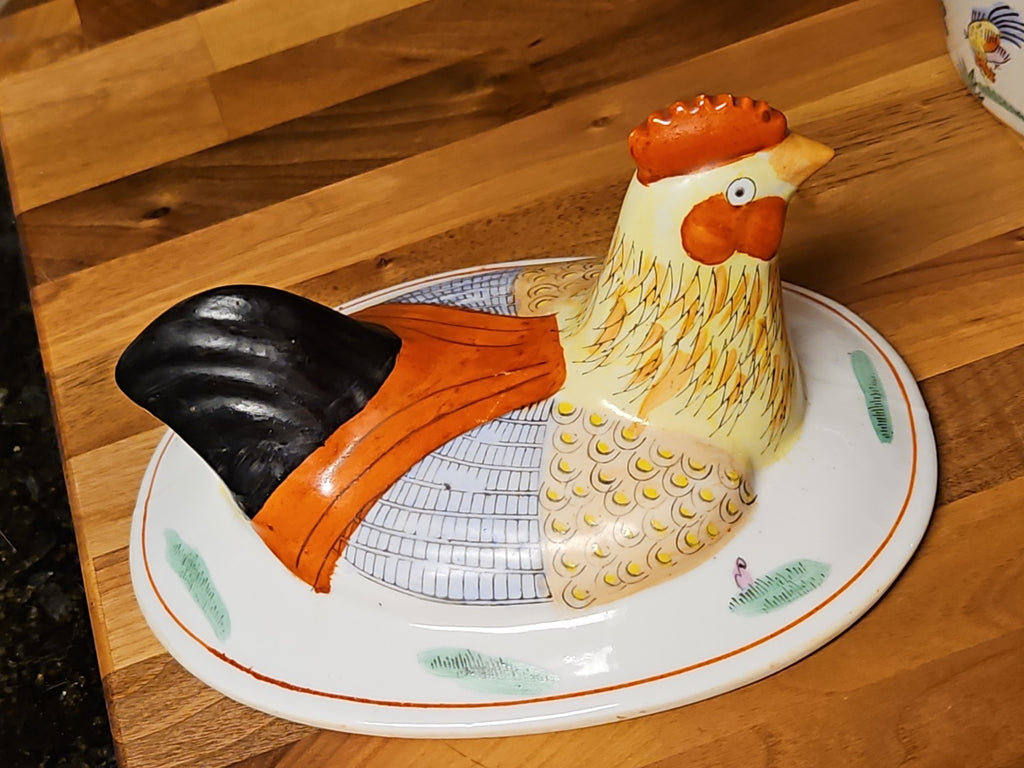 Vintage Chinese Famille Rose  Rooster Ceramic Tureen with Lid