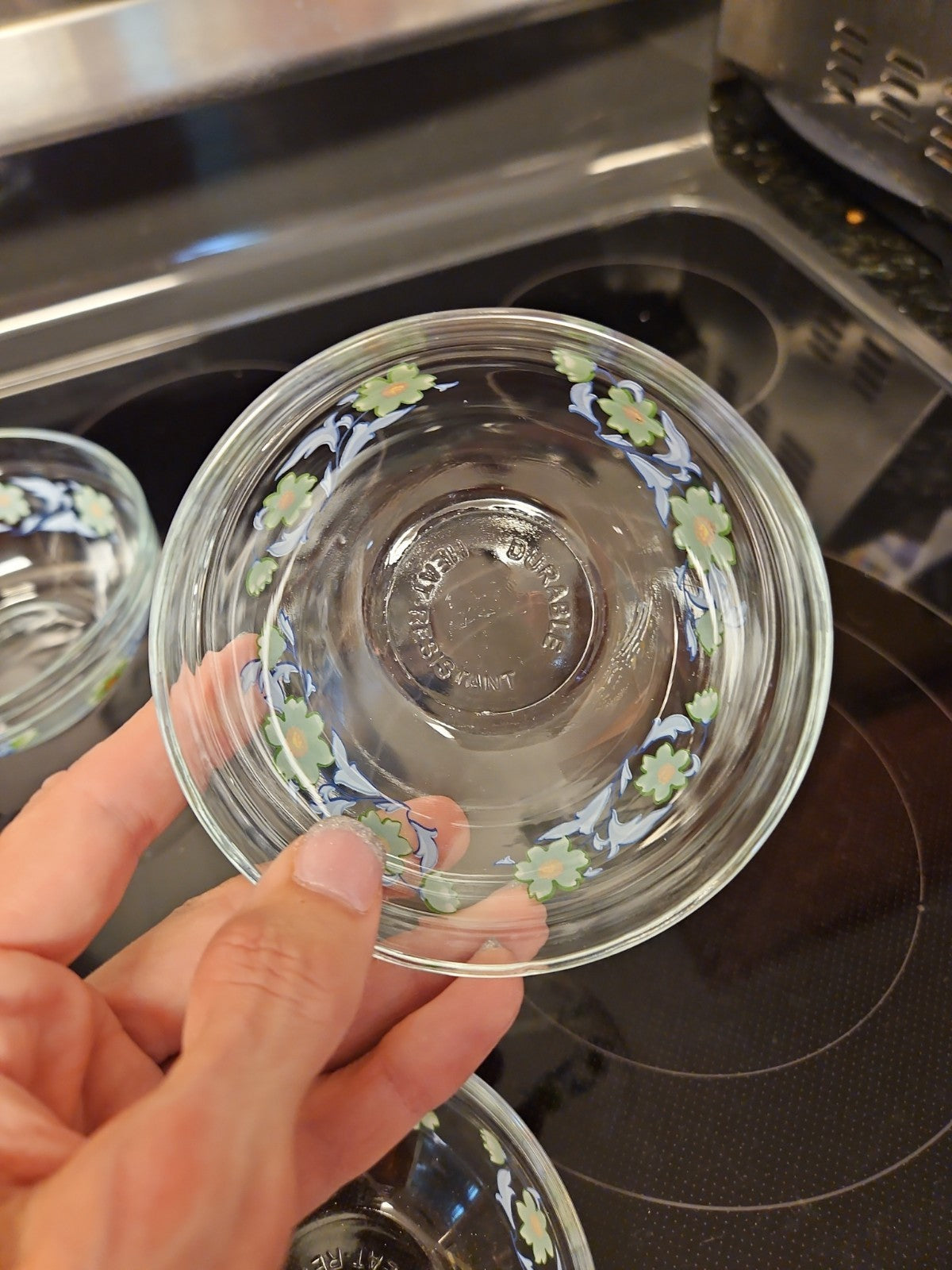 Set Of 4 Imperial Glass Green Sunflower Blue Leaves Nesting Bowls EUC