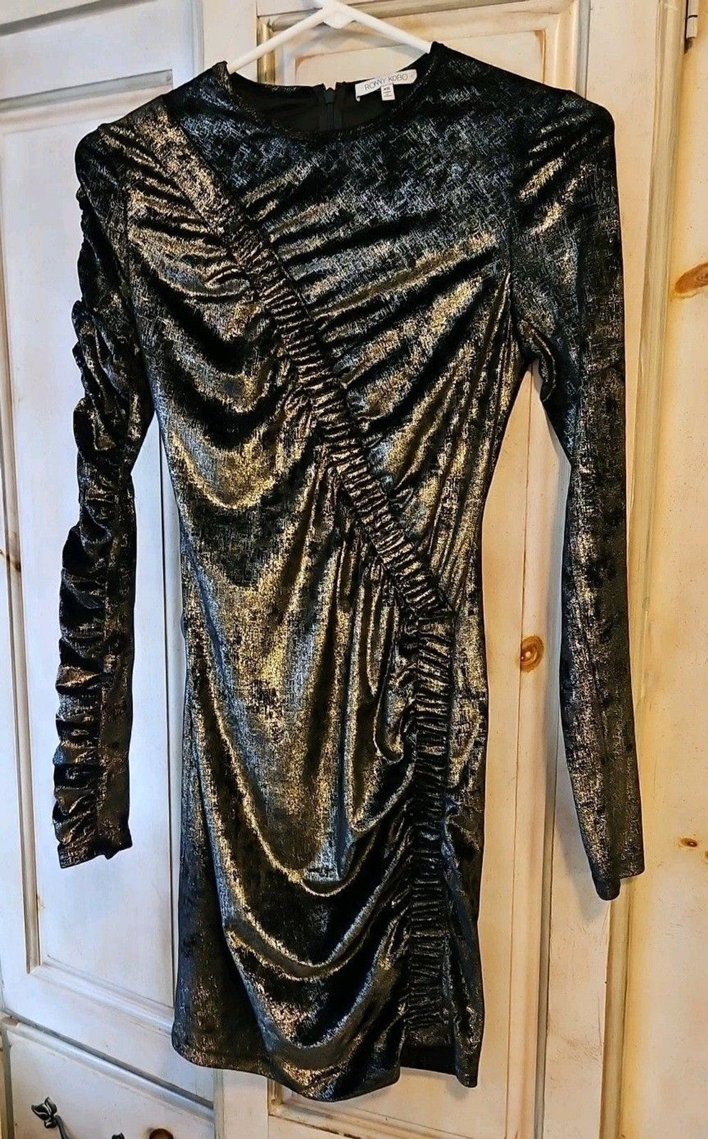 Ronny Kobo Womens Yarden Black & Gold Metallic Velvet Ruched Mini Dress XS