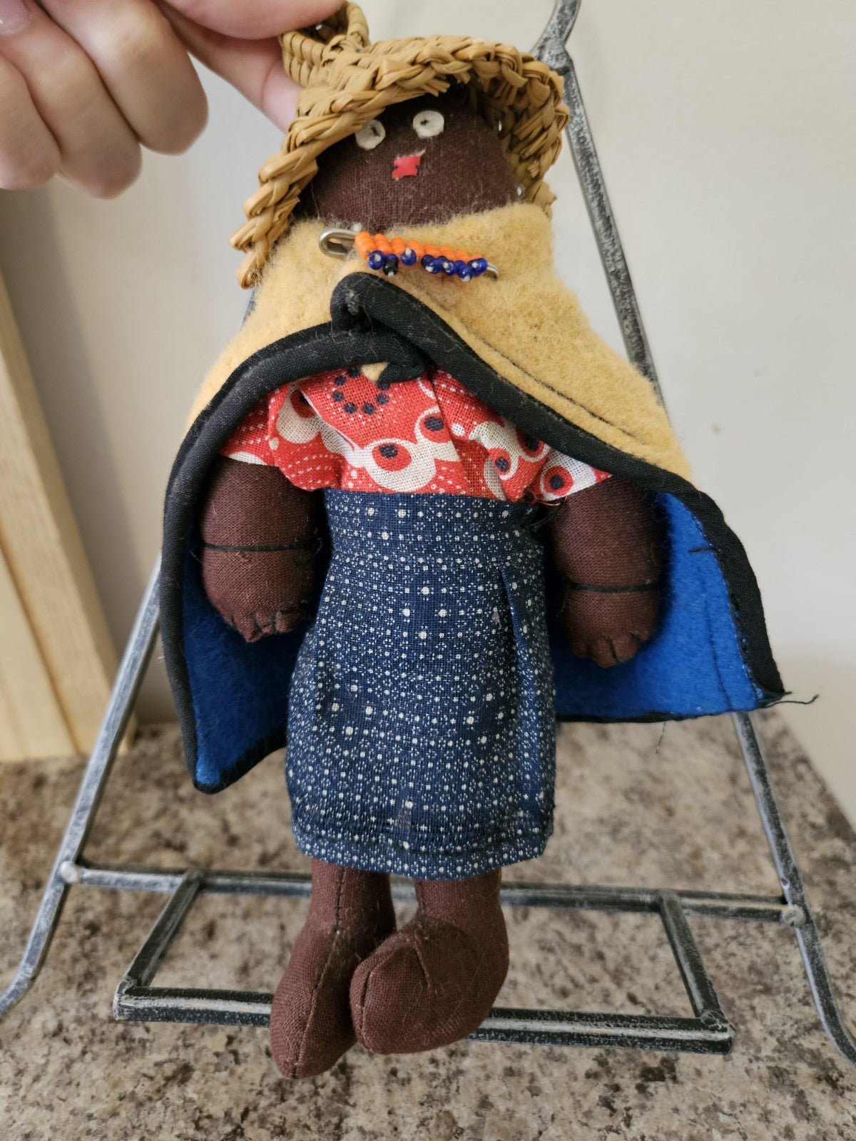 Vintage South African Lesotho Basotho Doll 9" Handcrafted Fabric EUC