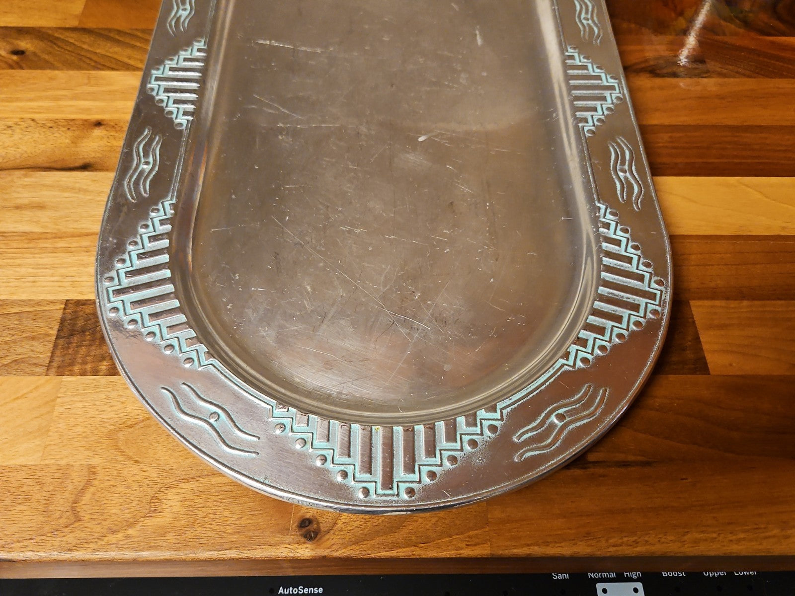 Vintage Wilton Armetale Zia Turquoise Southwestern Oval Serving Platter  18.5"