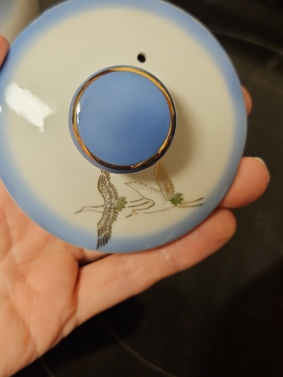 Vintage Blue Porcelain Tea Pot with Straw Handle Japanese Cranes Gold Accent EUC