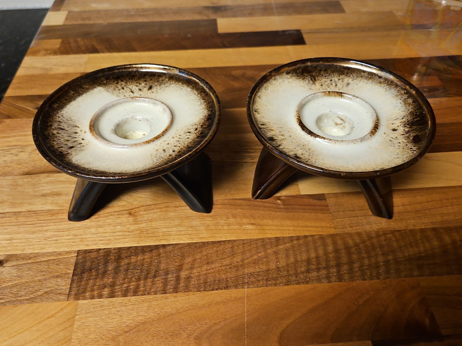 Set Of 2 Vintage MCM Dark Brown Glazed Pottery Taper Holders Candle Holders