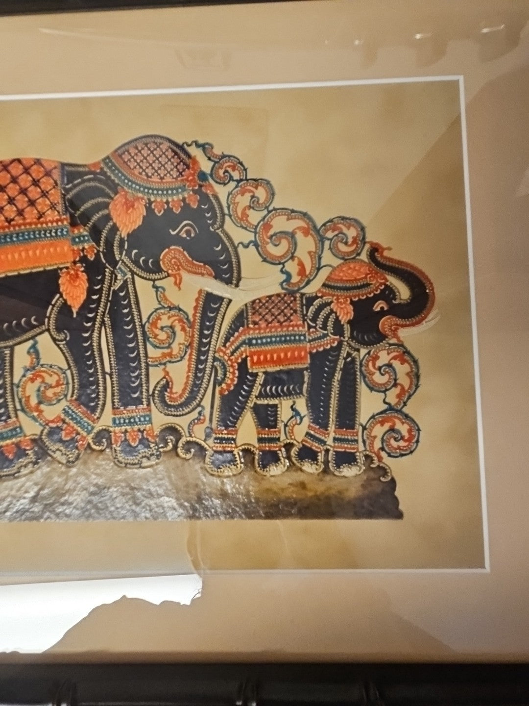 Framed Hand Carved Thai Elephant Hammered Painted Leather Nang Taloong 19.5"x16"