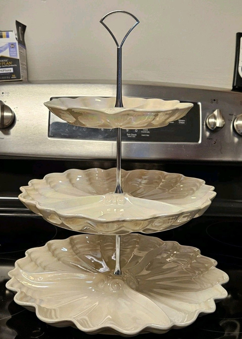 Vintage Maddux Of California Opalescent Cream & Silver 3 Tier Serving Tray READ
