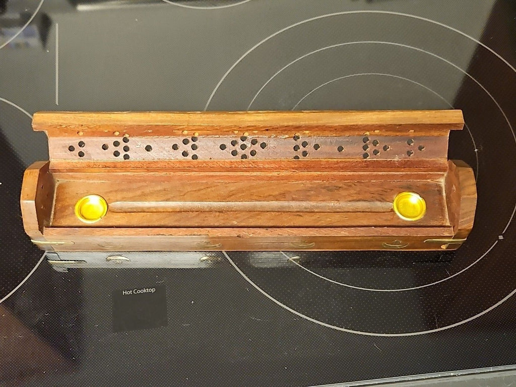Vintage Wooden Incense Holder Brass Inlaid Stars & Moon w/ Hidden Compartment