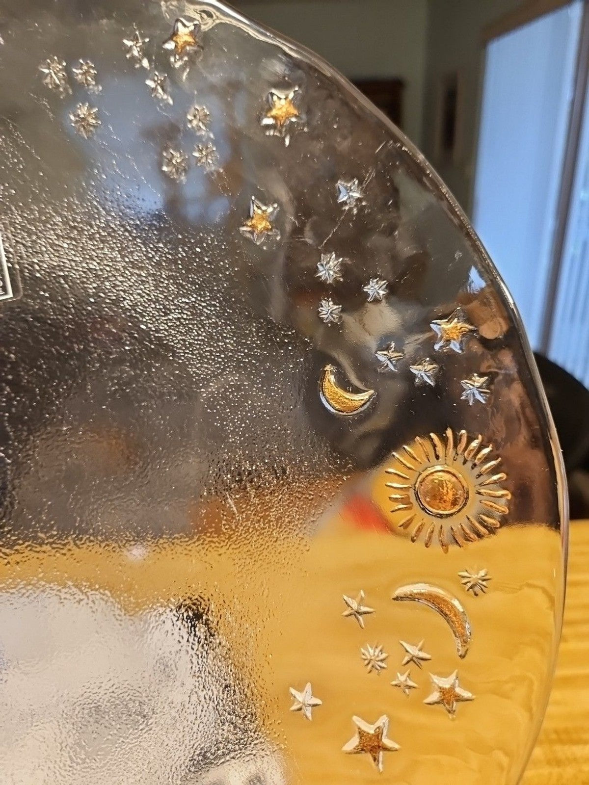 IVV Hand Painted Clear Glass Celestial Moon, Stars, Sun Plate 13.5" Gold Accents