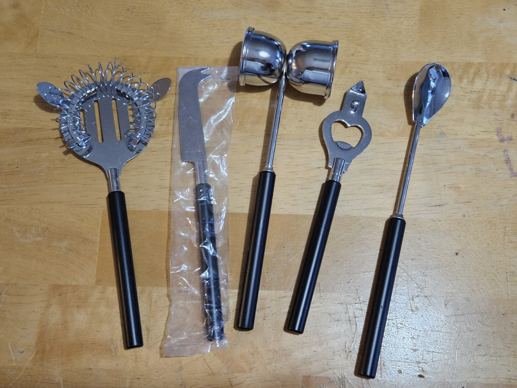 Vintage MCM Bar Tool Set Of 5 Pieces On Green Marble Stand