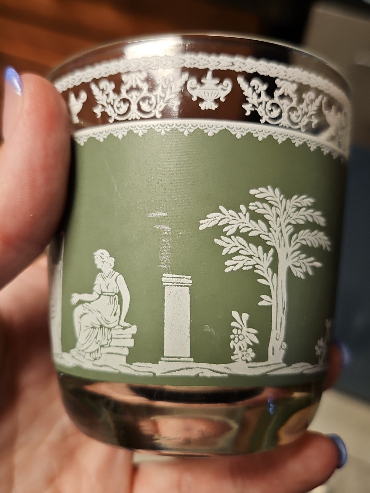Vintage MCM Jeannette Glass Hellenic Green Grecian Serving Bowl With 5 Tumblers