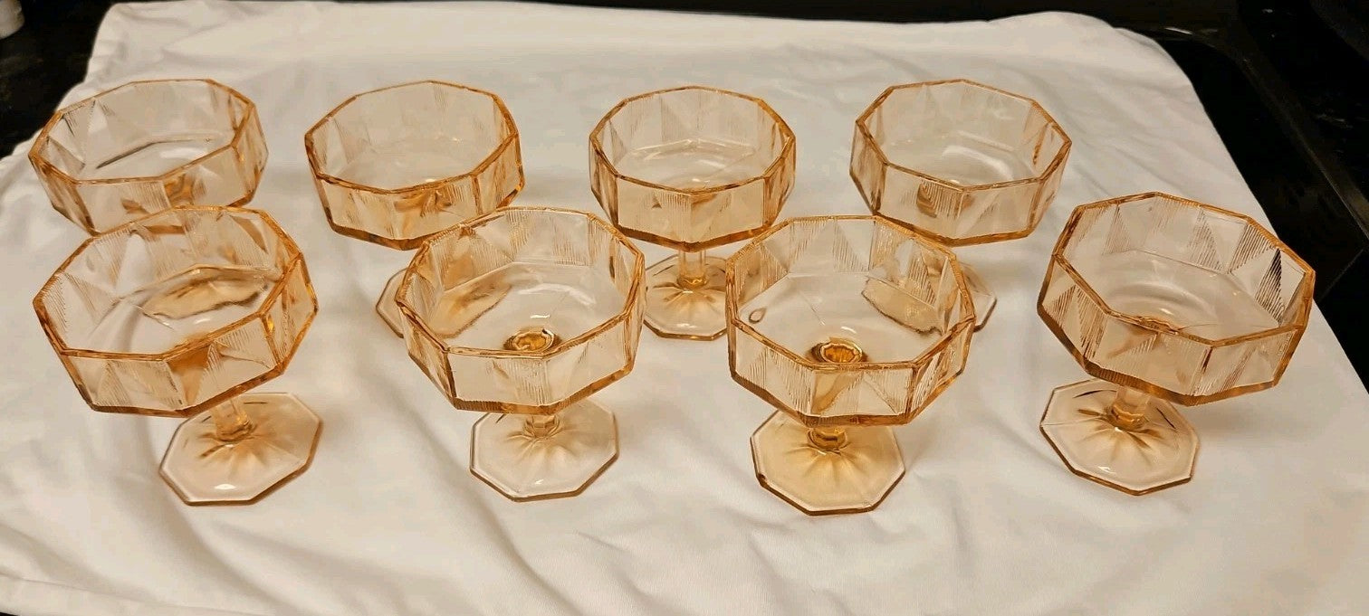 Set of 8 Vintage McKee "Tricia" Pink Depression Glass Art Deco Octagon Coupes